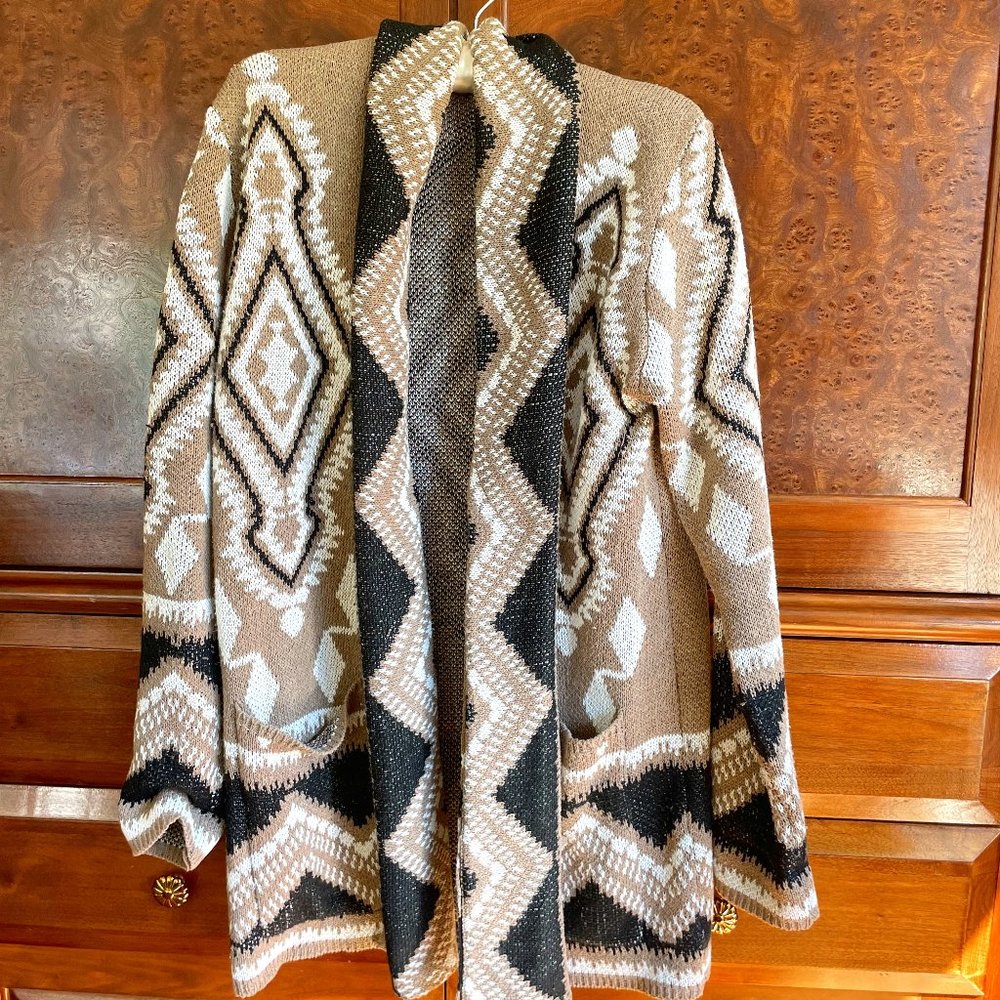 Cozy Native Tribal Inspired Print Blanket Cardigan Sweater - M